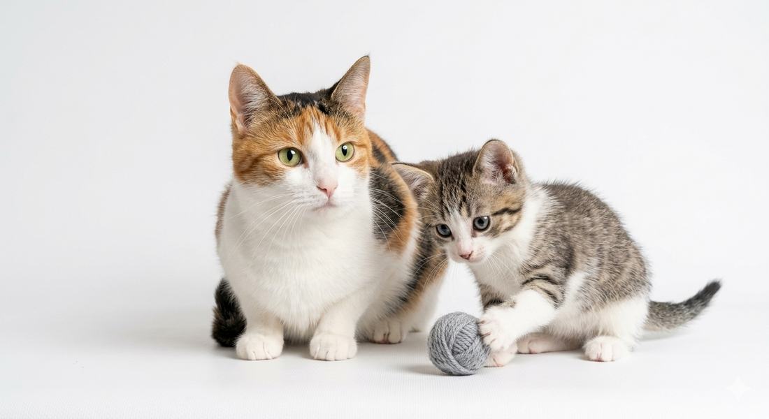 Best interactive cat toys for indoor enrichment featuring a healthy calico cat and playful kitten – Jirah Shop Pets Feline Collection.
