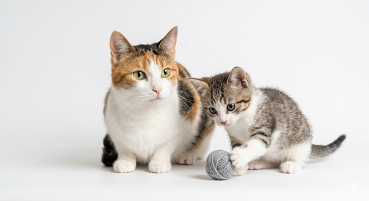 Best interactive cat toys for indoor enrichment featuring a healthy calico cat and playful kitten – Jirah Shop Pets Feline Collection.